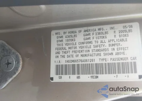 2006 Honda Accord 3.0 Ex from USA, damaged, VIN 1HGCM66576A061261